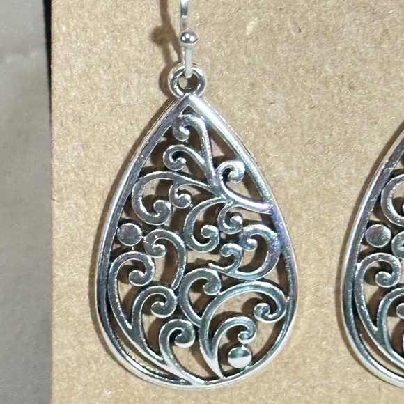 2/$20 Silver Tone Water Droplet Filigree Hook Earrings - Picture 4 of 9
